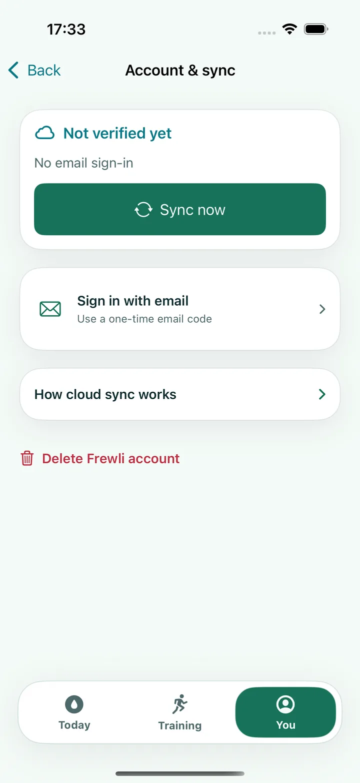 Frewli Account and sync screen showing Not verified yet, No email sign-in, Sync now, Sign in with email and How cloud sync works.