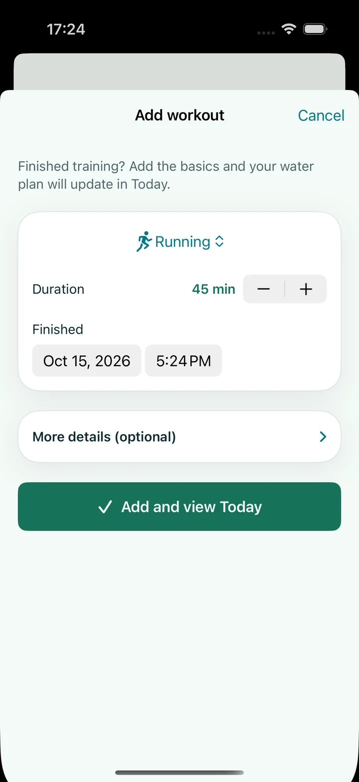 Frewli Add workout form showing Running, Duration 45 min, Finished date and time, optional details, and Add and view Today with demonstration data.