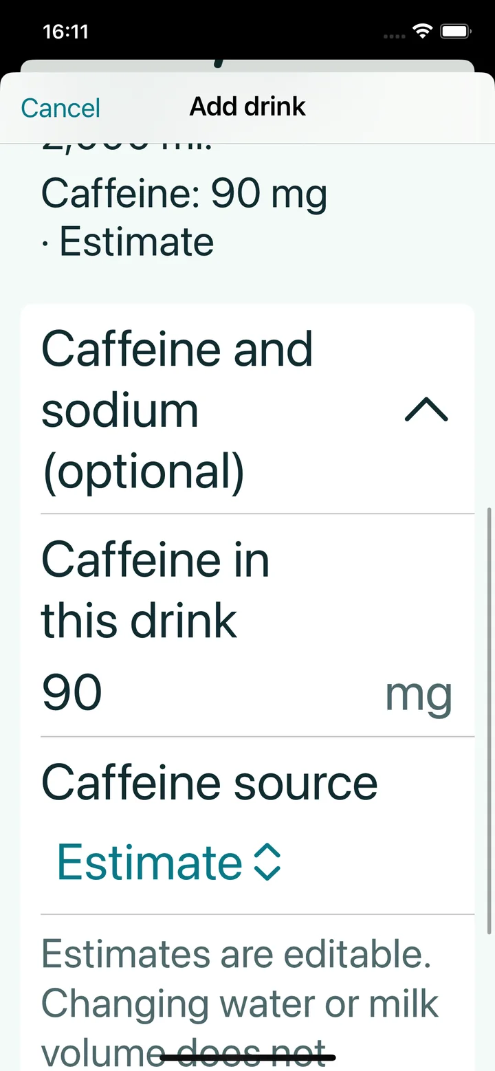 Frewli Add drink screen at a large accessibility text size, showing Caffeine in this drink as 90 mg and Caffeine source as Estimate with demonstration data.