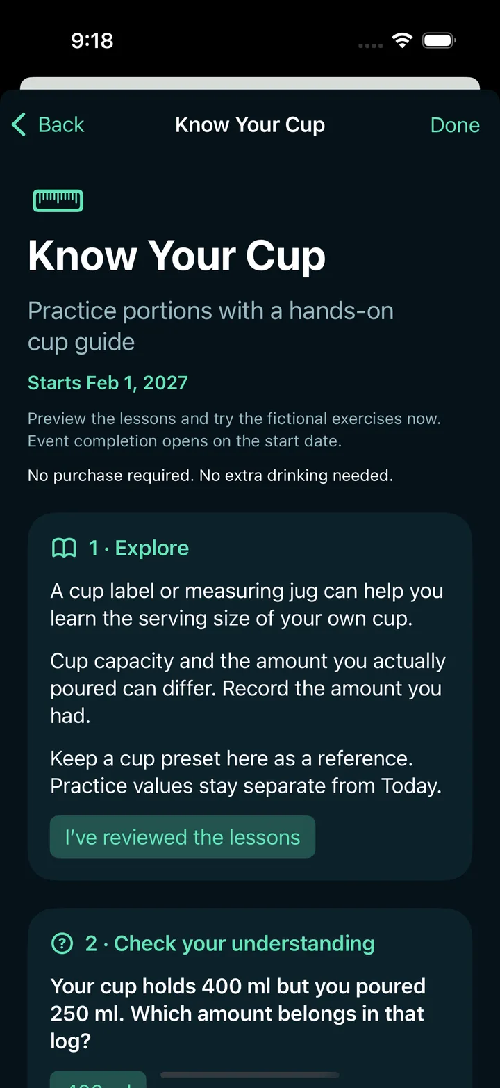 Frewli Know Your Cup preview showing Starts Feb 1, 2027, the preview notice, Explore lessons and a fictional 400 ml cup question.