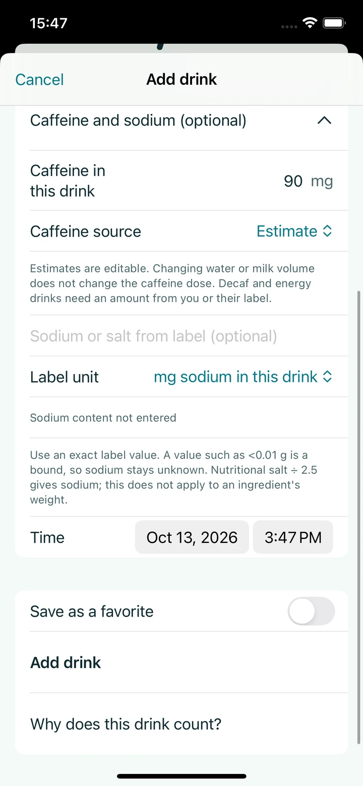 Frewli's Add drink screen showing caffeine and sodium fields, Label unit, and Time date and clock controls with demonstration data.