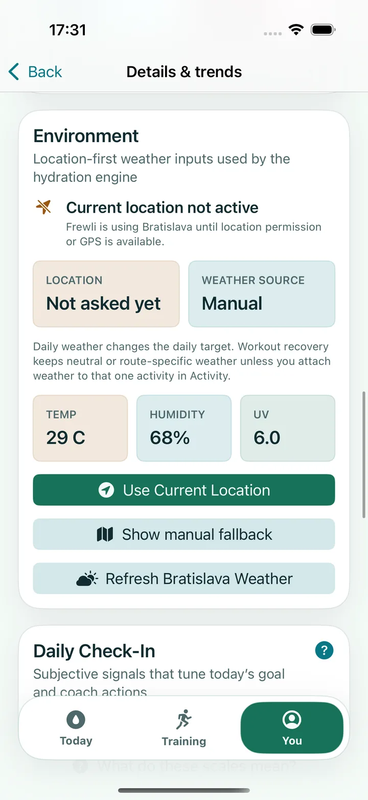 Frewli Environment card with a manual Bratislava selection, Not asked yet location permission, demonstration weather values, Use Current Location, Show manual fallback, and Refresh Bratislava Weather controls.