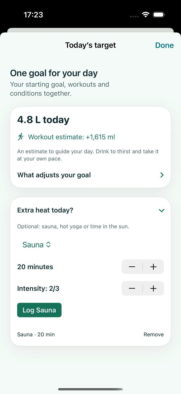 Frewli Today’s target sheet with Extra heat today expanded, Activity, duration and Intensity controls, Log Sauna, and a demonstration row with Remove.