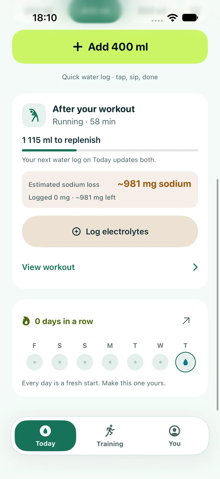 Frewli recovery card showing water remaining, sodium estimate, and Log electrolytes.