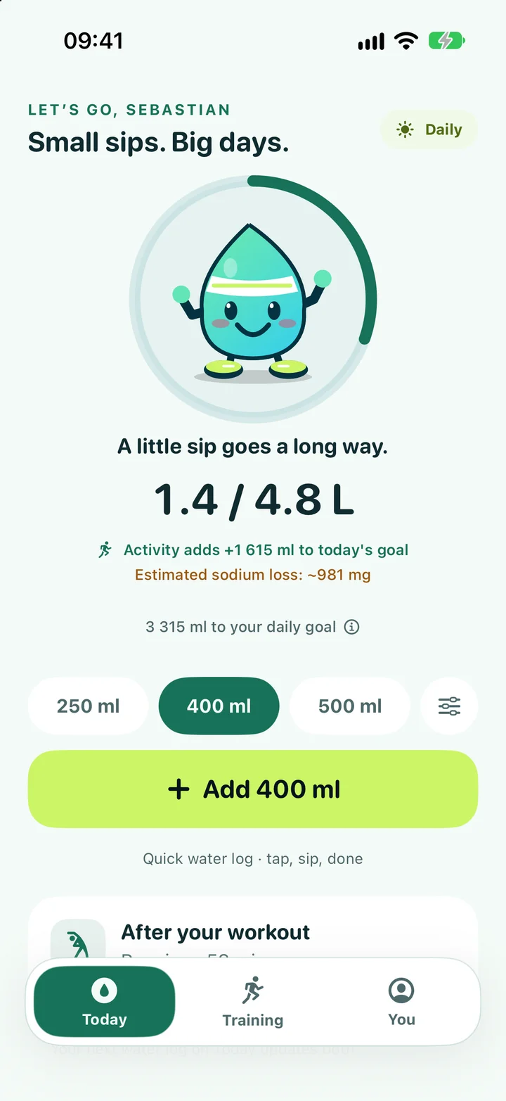 Frewli Today screen with water progress, a smiling buddy, workout adjustment, and quick Add water.
