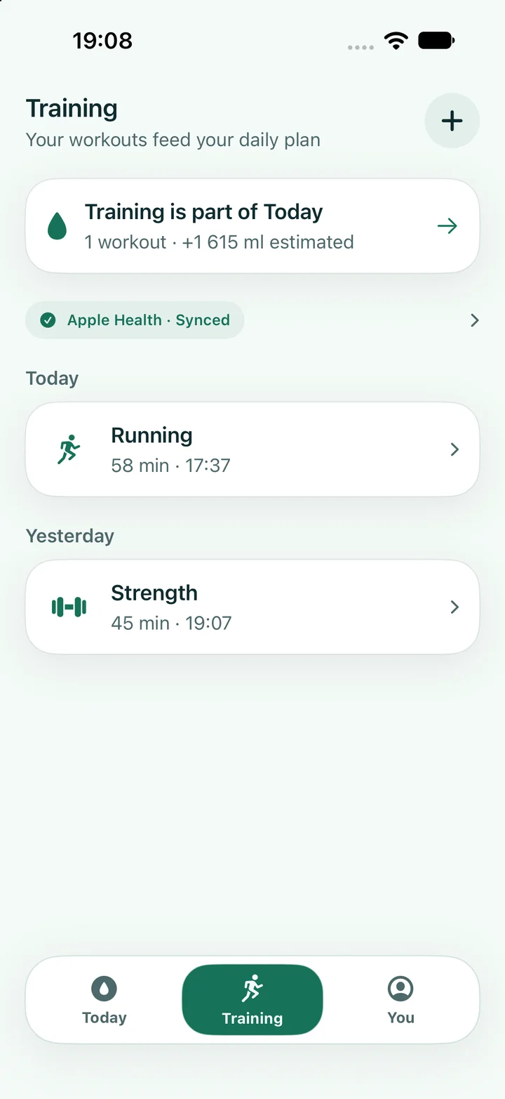 Training tab: workout history connected to Today's water plan.
