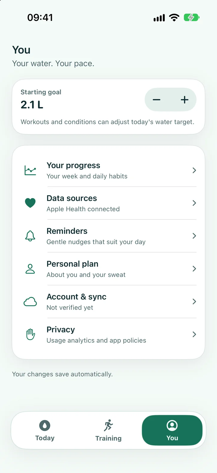 You tab: water goal, progress, reminders, Apple Health settings, account sync, and privacy.