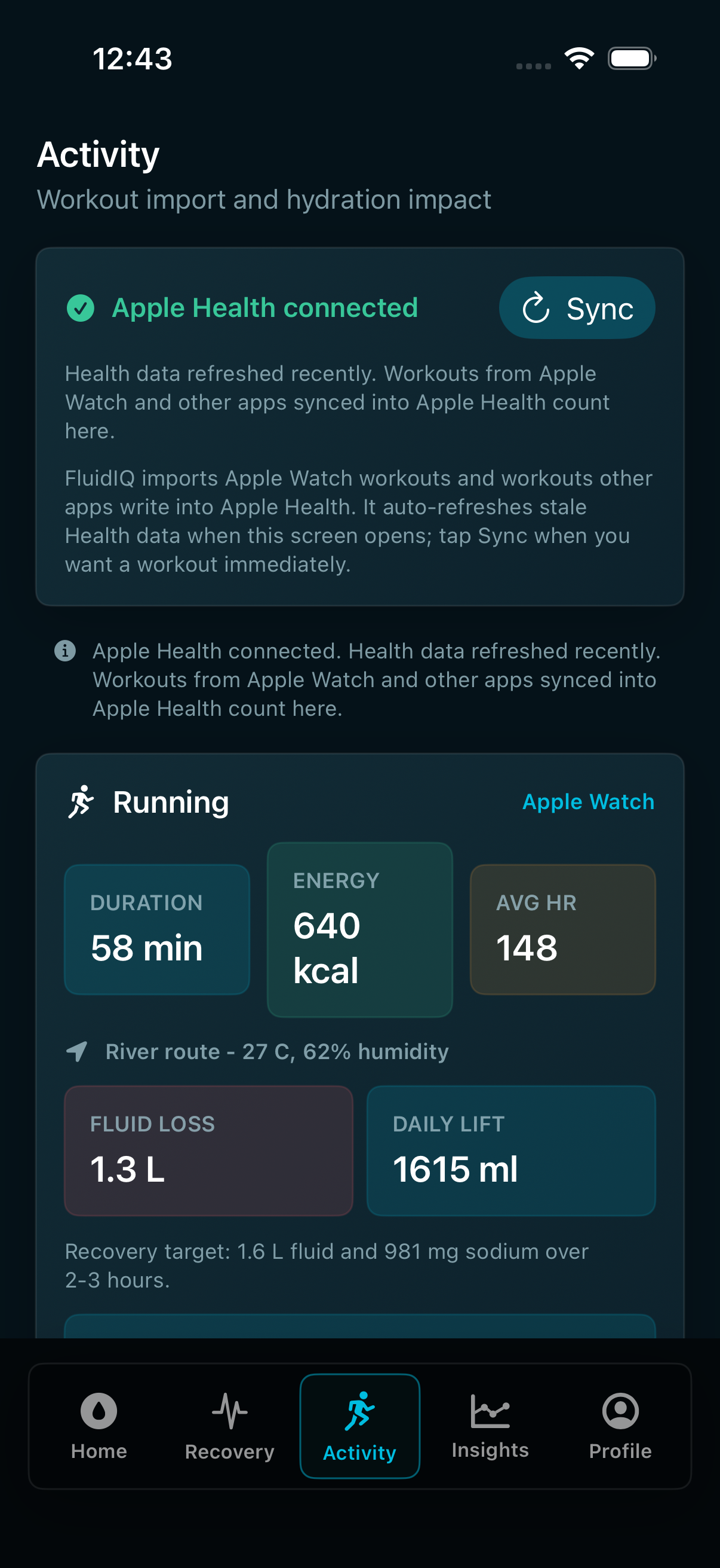 FluidIQ activity screen showing Apple Health workout import